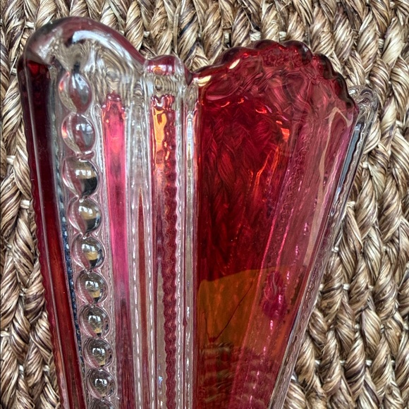 Vintage Cranberry Flash Triangle Footed Button Zipper Glass Vase 8.75” - Picture 9 of 17